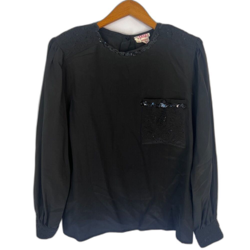 Tess Paris Milano Black Sequin Trim 100%‎ Silk Vintage Blouse Size 14/LG